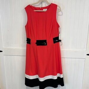 Calvin Klein coral/salmon Midi Dress with Black & White Accents, lined size 14W